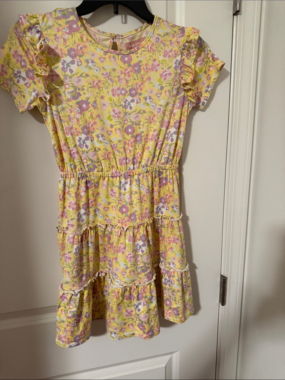 BCBG Yellow Floral Ruffle Tiered Dress with Pink and Lavender Blooms